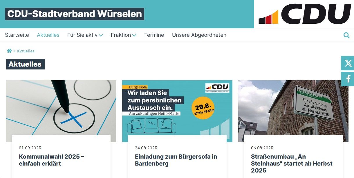 CDU-Stadtverband Würselen: Aktuelle Meldungen zu Kommunalwahl, Bürgertreffen und Straßenumbau-Projekt.